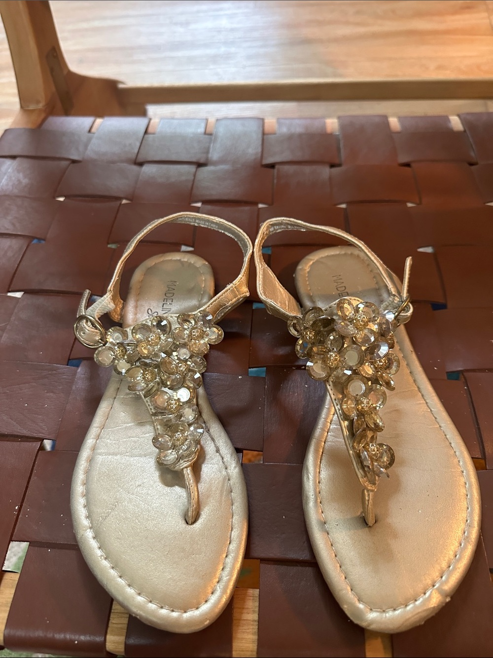 Madeline Stuart Gold Jeweled T-Strap Sandals